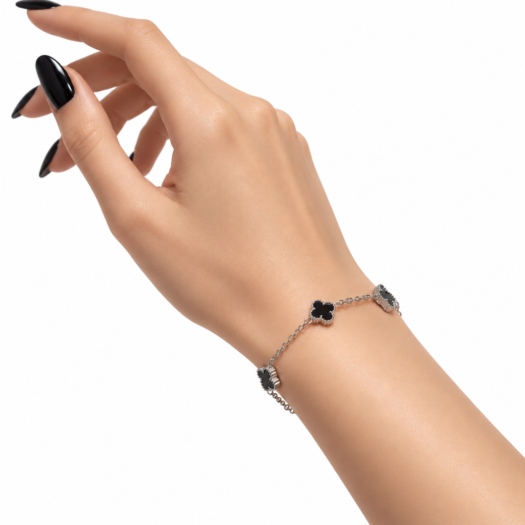 Clover Onyx Silver Bileklik